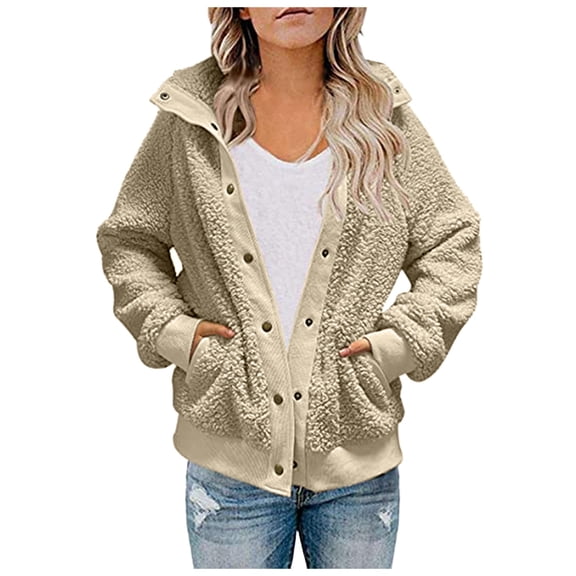 felwors Women's 2025 Winter Long Sleeve Button Sherpa Jacket Coat Pockets Warm Fleece Beige, M