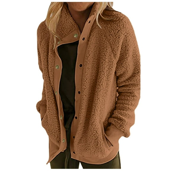 felwors Women's 2025 Winter Long Sleeve Button Sherpa Jacket Coat Pockets Warm Fleece Coffee, M