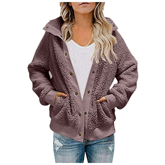 felwors Women's 2025 Winter Long Sleeve Button Sherpa Jacket Coat Pockets Warm Fleece Purple, M