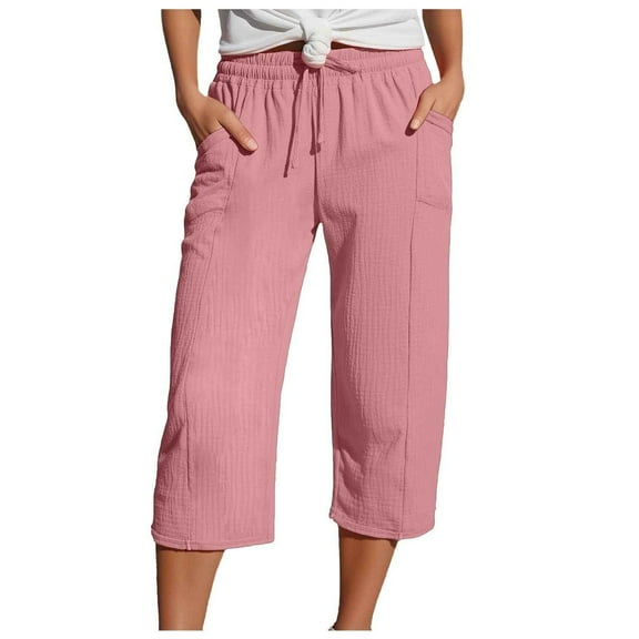 felwors Women's 2026 Summer Capris Pants Causal Drawstring Elastic Waist Pants Lightweight Lounge Beach Trousers with Pockets (Pink, XXL)