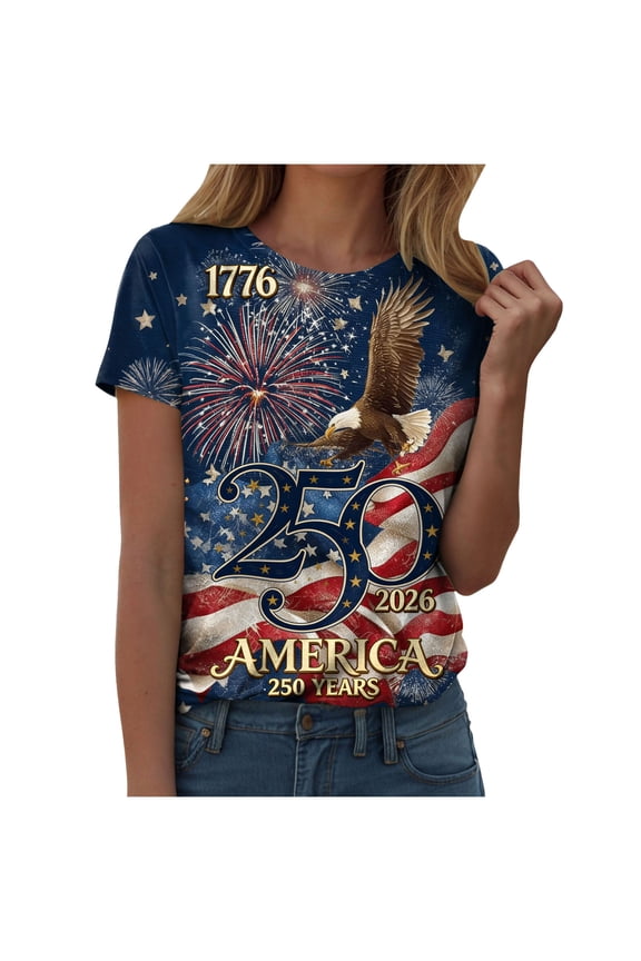 Women's 250th Anniversary Print Shirt Bald Eagle and USA Flag Patriotic Tshirt (Dark Blue, L)