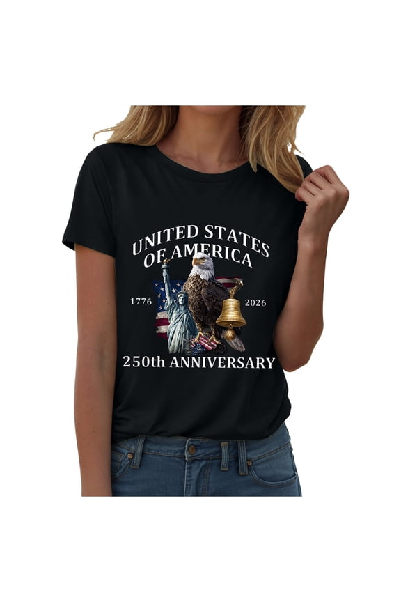 Women's 250th Anniversary USA T-Shirt 1776-2026 Patriotic Eagle Flag Graphic Tee – Plus Size American Independence Day Top (Black, M)