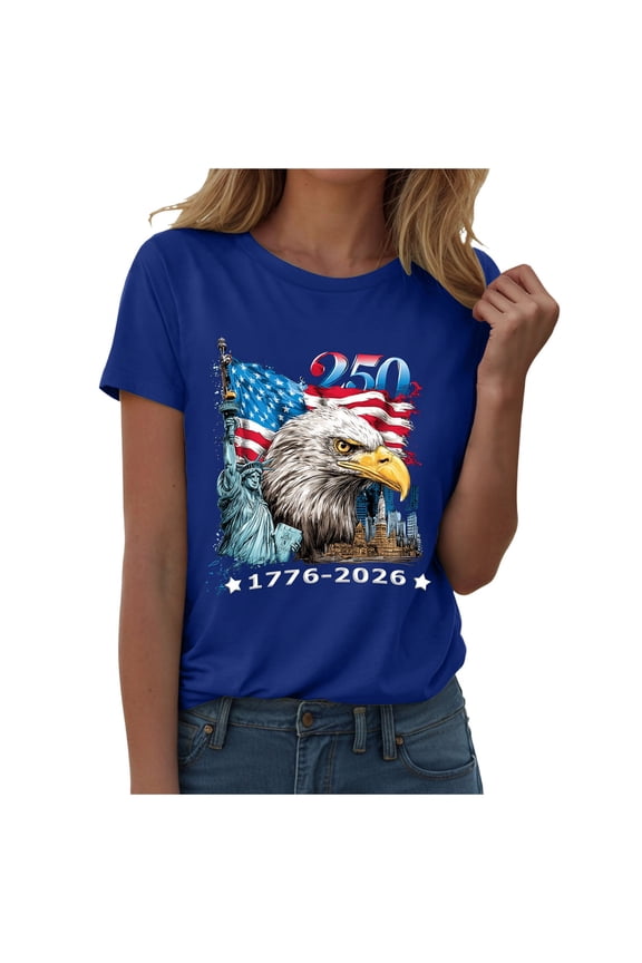 Women's 250th Anniversary USA T-Shirt 1776-2026 Patriotic Eagle Flag Graphic Tee – Plus Size American Independence Day Top (Blue, M)