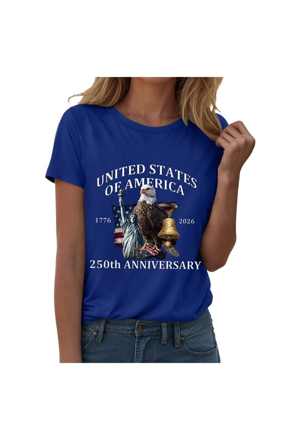 Women's 250th Anniversary USA T-Shirt 1776-2026 Patriotic Eagle Flag Graphic Tee – Plus Size American Independence Day Top (Blue, XXL)