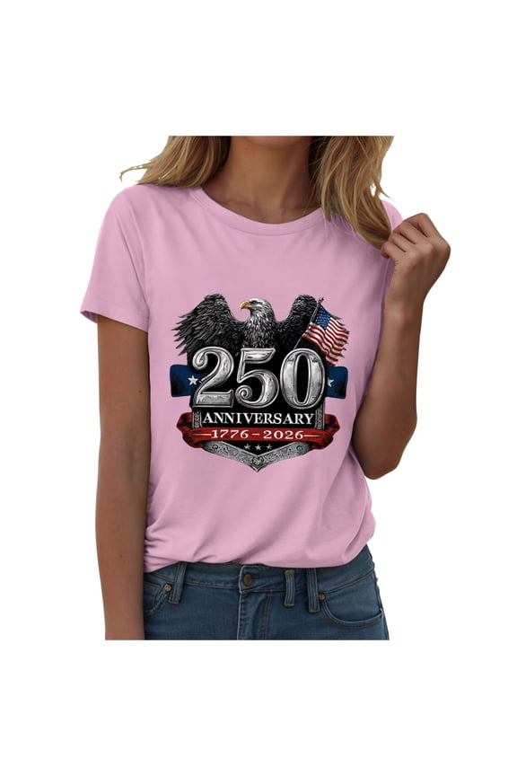 Women's 250th Anniversary USA T-Shirt 1776-2026 Patriotic Eagle Flag Graphic Tee – Plus Size American Independence Day Top (Pink, M)