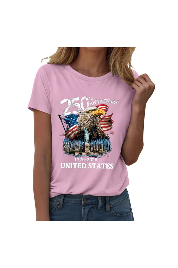 Women's 250th Anniversary USA T-Shirt 1776-2026 Patriotic Eagle Flag Graphic Tee – Plus Size American Independence Day Top (Pink, M)