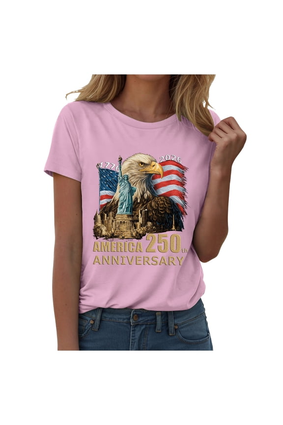Women's 250th Anniversary USA T-Shirt 1776-2026 Patriotic Eagle Flag Graphic Tee – Plus Size American Independence Day Top (Pink, XL)