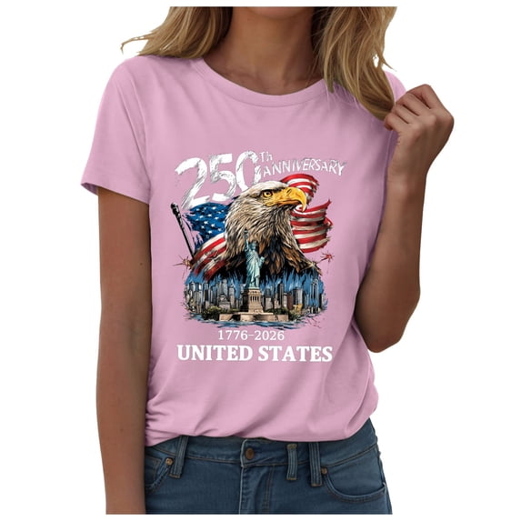 felwors Women's 250th Anniversary USA T-Shirt 1776-2026 Patriotic Eagle Flag Graphic Tee – Plus Size American Independence Day Top (Pink, XXL)