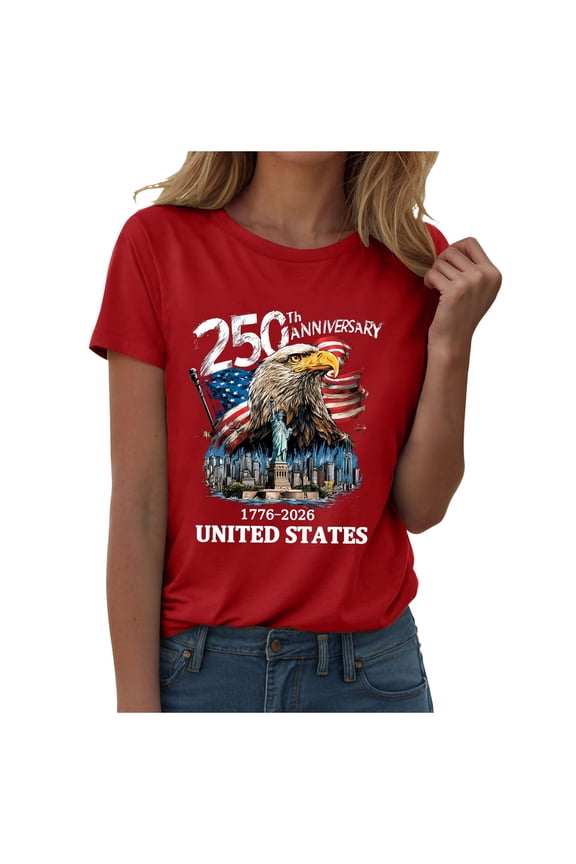 Women's 250th Anniversary USA T-Shirt 1776-2026 Patriotic Eagle Flag Graphic Tee – Plus Size American Independence Day Top (Red, L)