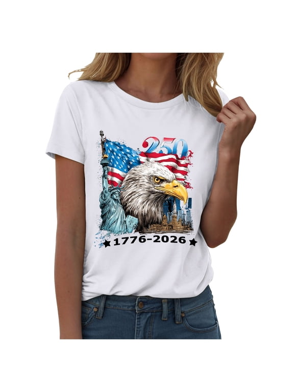 Women's 250th Anniversary USA T-Shirt 1776-2026 Patriotic Eagle Flag Graphic Tee Plus Size American Independence Day Top (White, L)