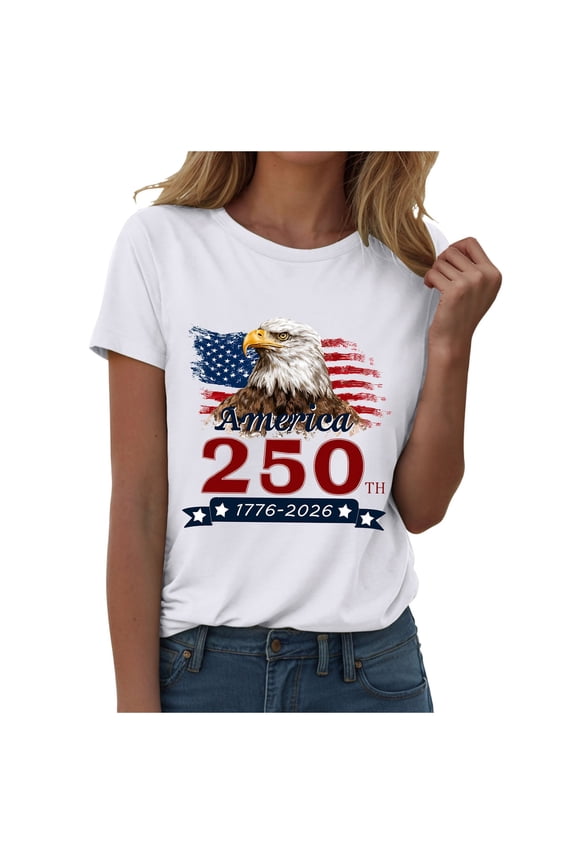Women's 250th Anniversary USA T-Shirt 1776-2026 Patriotic Eagle Flag Graphic Tee – Plus Size American Independence Day Top (White, L)