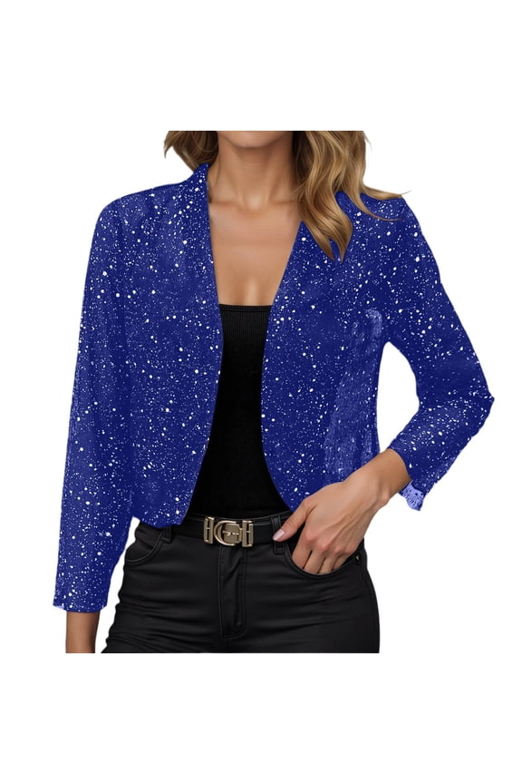felwors Women's 3/4 Sleeve Sequin Cardigan Jackets Open Front Sparkly Tops Shiny Bling Dressy Casual Holiday Party Outfits(Blue, S)