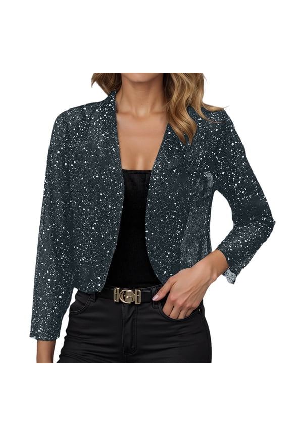 felwors Women's 3/4 Sleeve Sequin Cardigan Jackets Open Front Sparkly Tops Shiny Bling Dressy Casual Holiday Party Outfits(E-Dark Gray, XL)