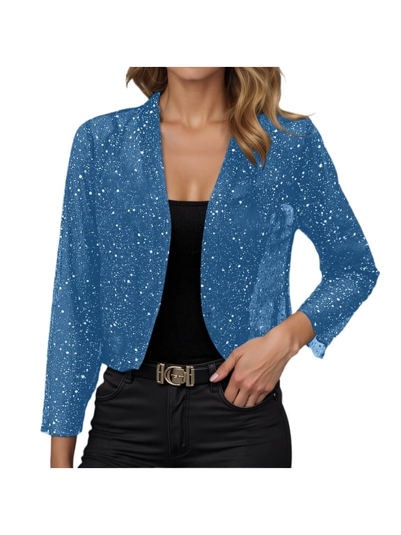 felwors Women's 3/4 Sleeve Sequin Cardigan Jackets Open Front Sparkly Tops Shiny Bling Dressy Casual Holiday Party Outfits(E-Sky Blue, XXL)