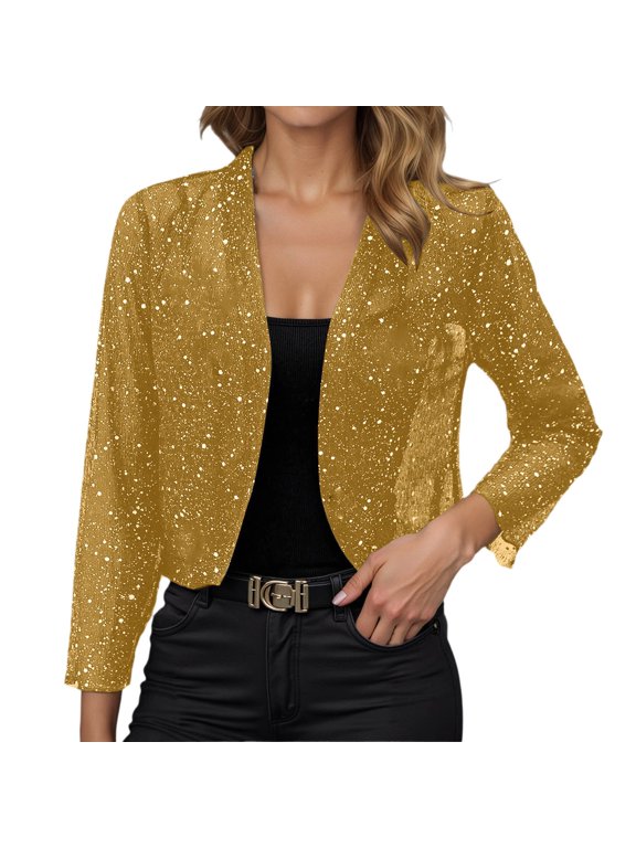 felwors Women's 3/4 Sleeve Sequin Cardigan Jackets Open Front Sparkly Tops Shiny Bling Dressy Casual Holiday Party Outfits(E-Yellow, L)