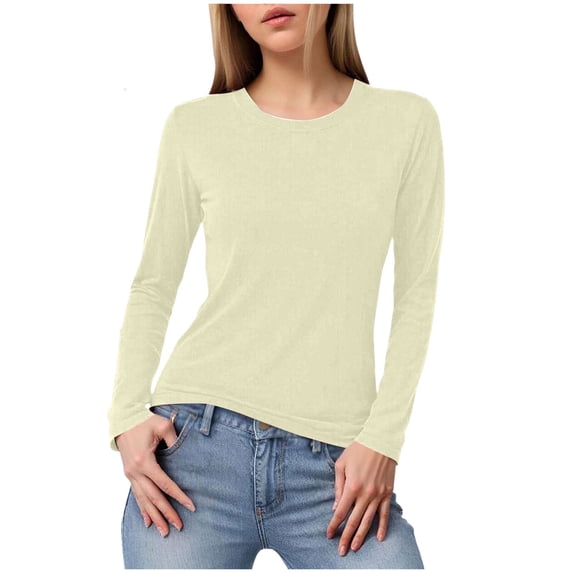 felwors Women's Basic Solid Lightweight Soft Cotton Long Sleeve Crew Neck & V Neck Slim Top Shirts Plus Beige, XL