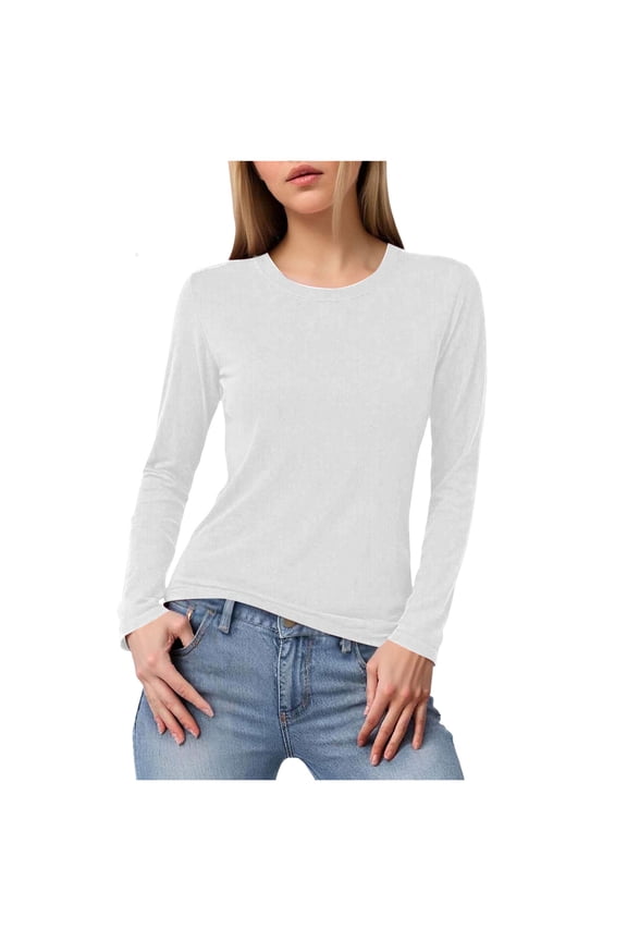 Women's Basic Solid Lightweight Soft Cotton Long Sleeve Crew Neck & V Neck Slim Top Shirts Plus White, S