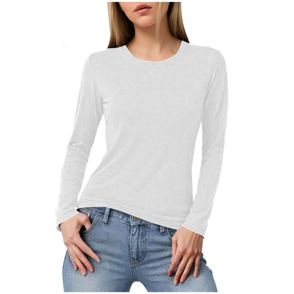 felwors Women's Basic Solid Lightweight Soft Cotton Long Sleeve Crew Neck & V Neck Slim Top Shirts Plus White, S