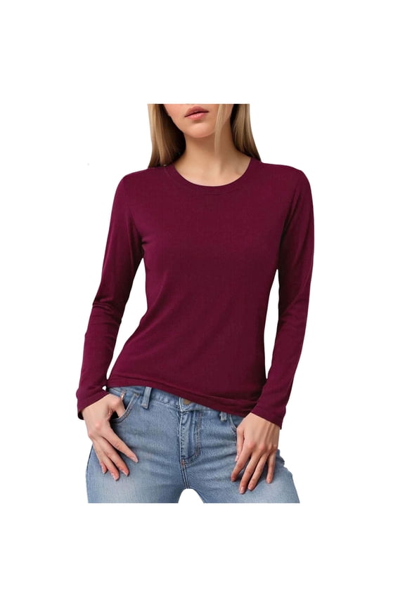 Women's Basic Solid Lightweight Soft Cotton Long Sleeve Crew Neck & V Neck Slim Top Shirts Plus Wine, L
