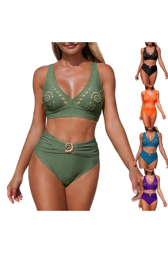 Women's Bikini Set Two Piece Swimsuit Modest Bathing Suit Petal Hollow V Neck Top String Mid Rise Bottom (Blue, L)