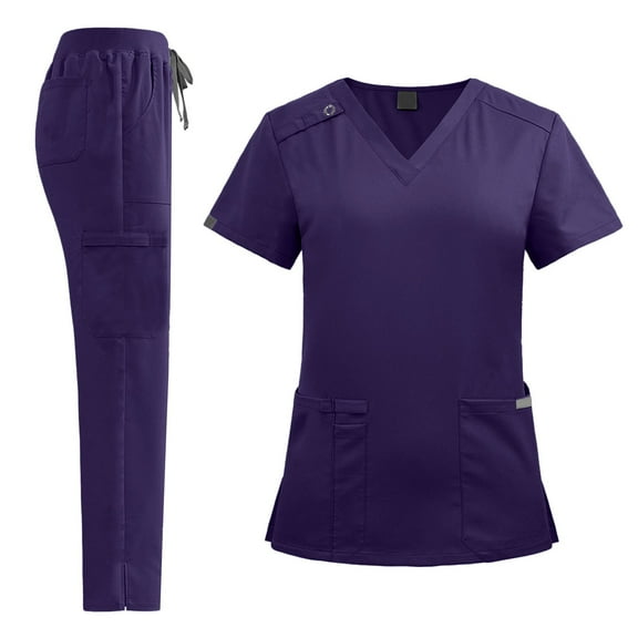 felwors Women's Black V-Neck Scrub Set: Short Sleeve Top & Cargo Pants Medical Uniform for Healthcare Professionals Dark Purple, L