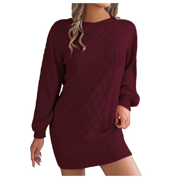 felwors Women's Bodycon Pullover Mini Sweater Dresses Crew Neck Cable Knit Cocktail Party Dress Wine, M