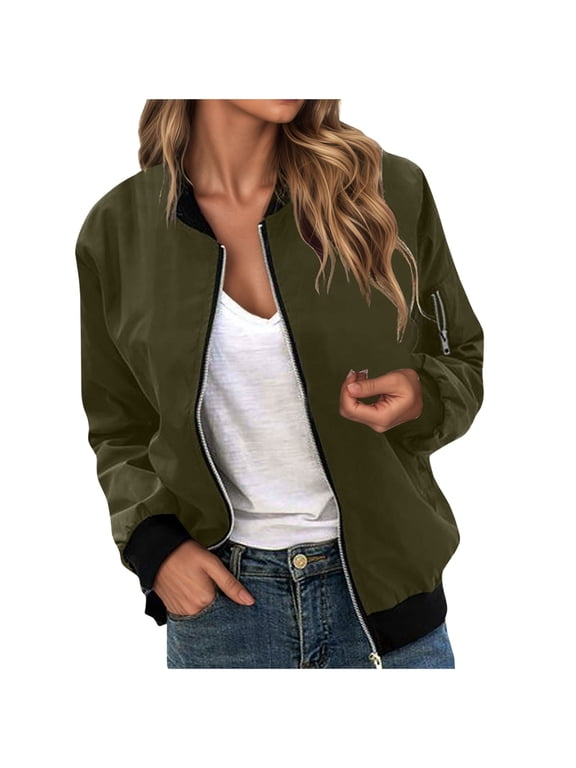 Women's Bomber Jacket Casual Coat Zip Up Spring Fall Clothes with Pockets AG, S