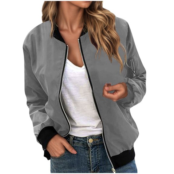 felwors Women's Bomber Jacket Casual Coat Zip Up Spring Fall Clothes with Pockets Grey, XL
