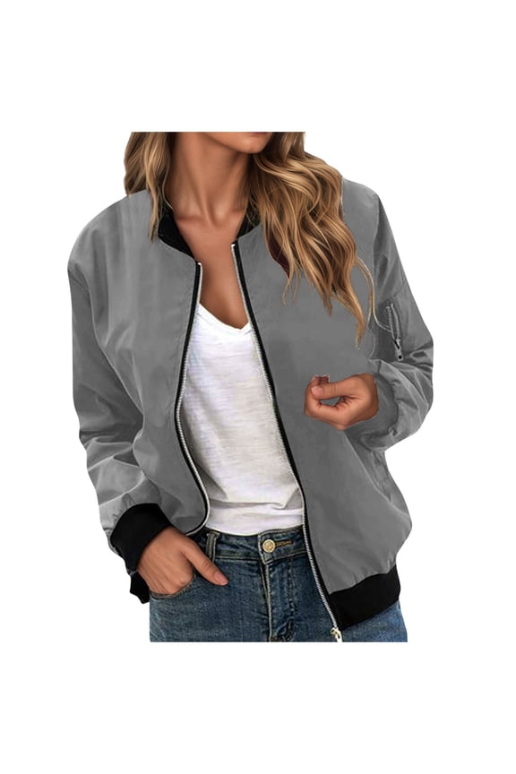 Women's Bomber Jacket Casual Coat Zip Up Spring Fall Clothes with Pockets Grey, XXL