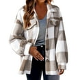 thumbnail image 1 of felwors Women's Brushed Jacket Plaid Button Teddy Winter Jacket Lapel Oversized Warm Fleece Jacket With Pockets Khaki, M, 1 of 6