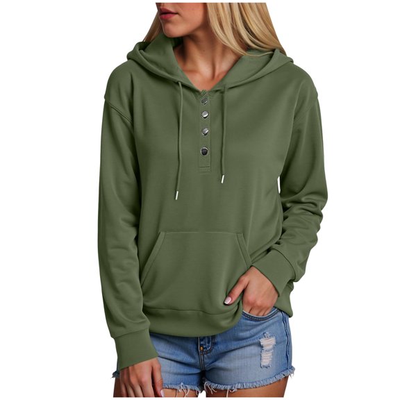felwors Women's Button Collar Hoodie - Drawstring Pullover Sweatshirt, Casual Long Sleeve Top AG, XL
