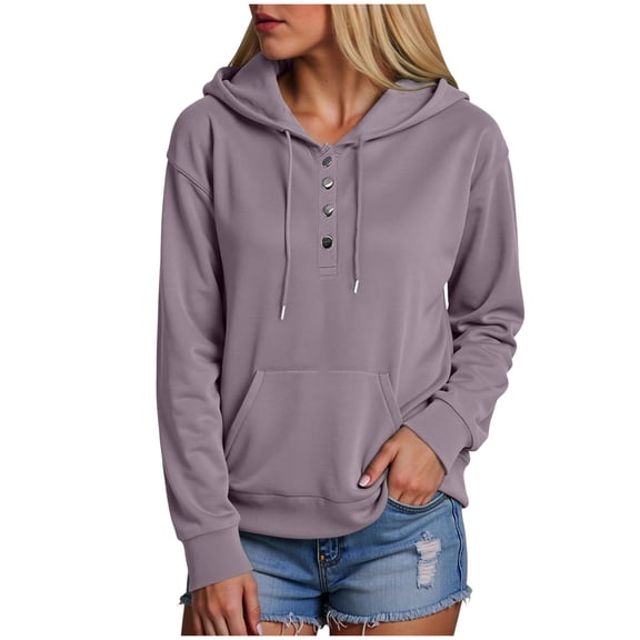 felwors Women's Button Collar Hoodie - Drawstring Pullover Sweatshirt, Casual Long Sleeve Top Purple, XXXL