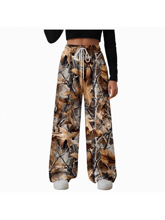 Women's Camo Pants Y2K Camouflage Wide Leg Sweatpants Elastic Waist Drawstring Baggy Joggers with Pockets (Coffee, L)