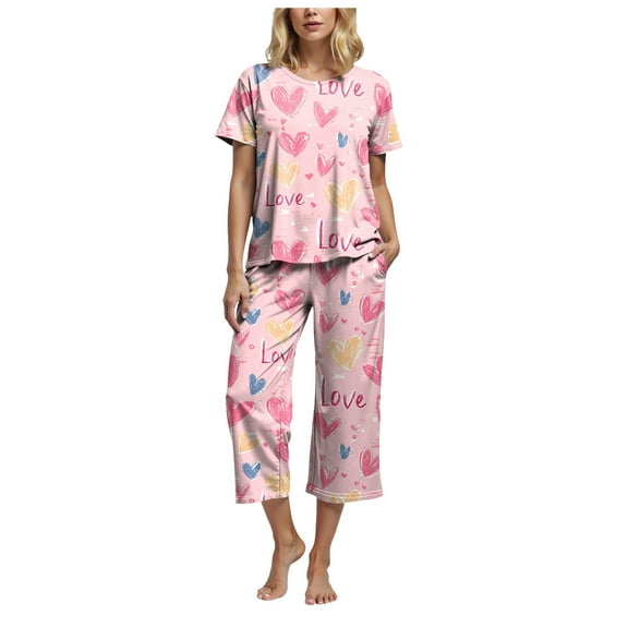 felwors Women's Capri Pajama Sets Floral Print Short Sleeve Sleepwear Top and Capri Pants 2 Piece Loungewear with Pockets Pink, L