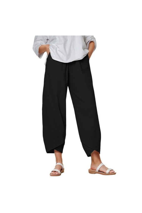 Women's Capri Pants Casual Summer Cotton Cropped Lounge Pants Trousers Black, S