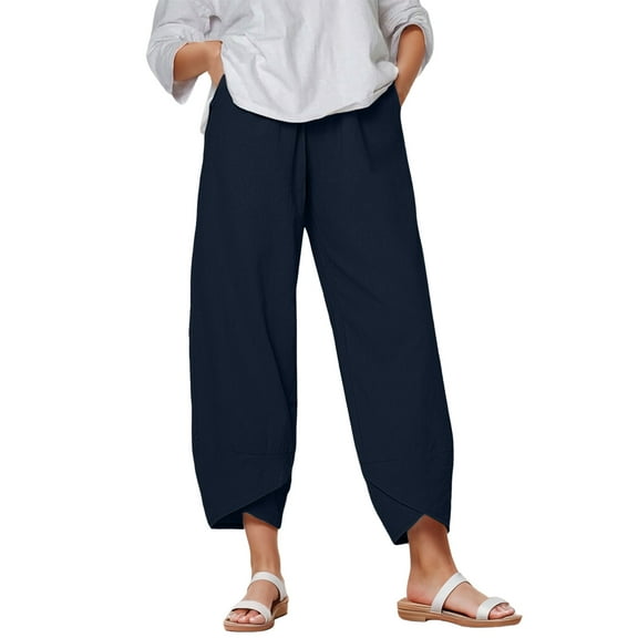 felwors Women's Capri Pants Casual Summer Cotton Cropped Lounge Pants Trousers Dark Blue, S