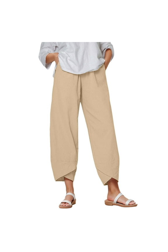 Women's Capri Pants Casual Summer Cotton Cropped Lounge Pants Trousers Khaki, S