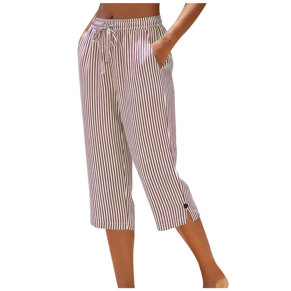 felwors Women's Capri Pants Striped Straight Leg Drawstring Elastic High Waist Casual Cropped Pant Loose Summer Outfits Khaki S