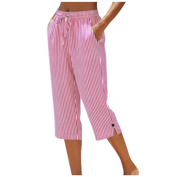 felwors Women's Capri Pants Striped Straight Leg Drawstring Elastic High Waist Casual Cropped Pant Loose Summer Outfits Pink L