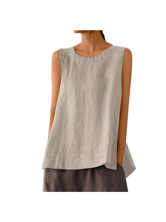 Women's Casual Sleeveless Tank Top Round Neck Loose Fit Solid Color Cotton Linen Blend Camisole Cotton Women (White, XXL)
