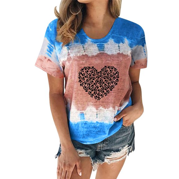 felwors Women's Casual Tie Dye Heart Graphic T Shirt Short Sleeve Crewneck Tee Tops Blue, S