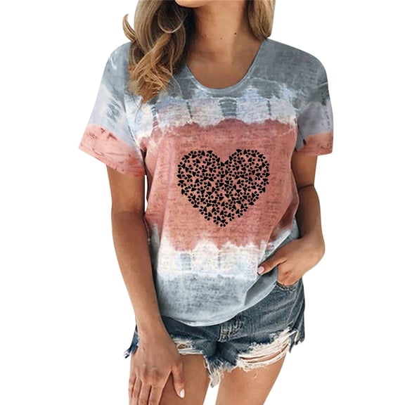 felwors Women's Casual Tie Dye Heart Graphic T Shirt Short Sleeve Crewneck Tee Tops Grey, L