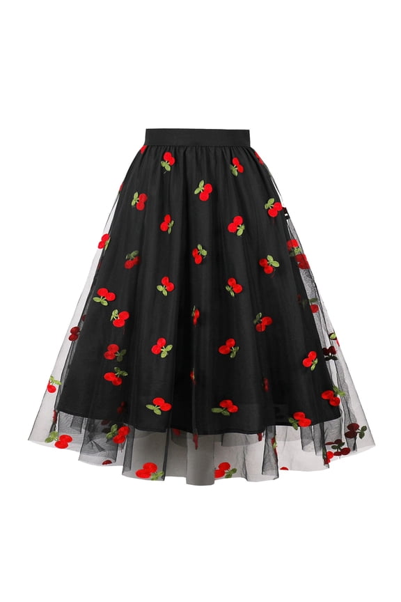 Women's Cherry Embroidery Tulle Midi Skirt - High Waisted Flared A-Line Skirt for Party, Casual, Summer (Black, XL)