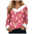 thumbnail image 1 of felwors Women's Christmas Graphic Print Sweatshirt - Faux Fur Trim V-Neck Long Sleeve Holiday Pullover Sweater Pink, XL, 1 of 4