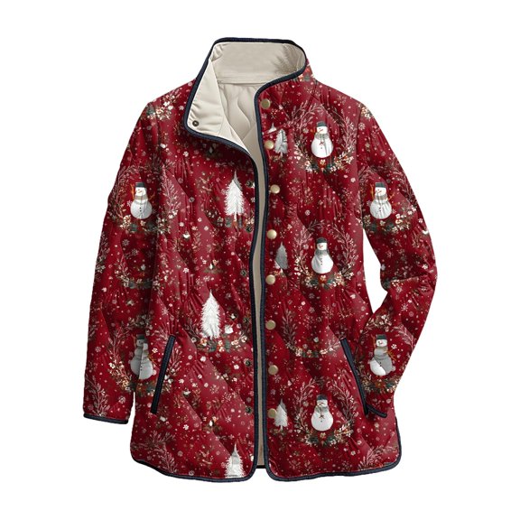 felwors Women's Christmas Print Quilted Coat, Stand Collar Lightweight Fall Winter Outerwear Holiday Loungewear Watermelon Red, L
