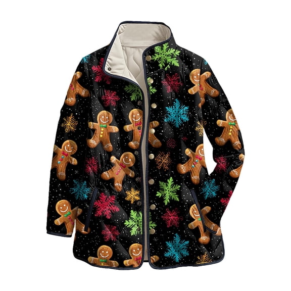 felwors Women's Christmas Quilted Jacket with Snowmen Christmas Trees Print, Snap Button Front Fall Winter Coat Dark Gray, XXXL