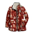 thumbnail image 1 of felwors Women's Christmas Quilted Jacket with Snowmen Christmas Trees Print, Snap Button Front Fall Winter Coat Red, XXXXL, 1 of 8