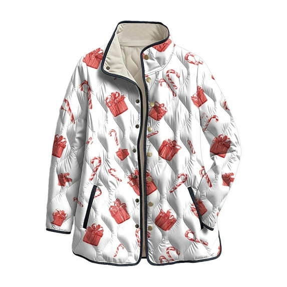 felwors Women's Christmas Quilted Jacket with Snowmen Christmas Trees Print, Snap Button Front Fall Winter Coat White, XL