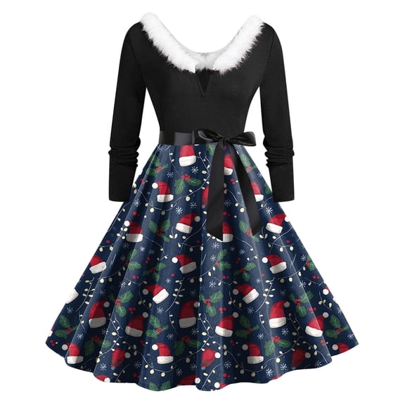 felwors Women's Christmas Reindeer & Coffee Print Swing Dress - Belted Waist Long Sleeve Holiday Dress Dark Blue, L