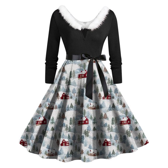 felwors Women's Christmas Santa Rainbow Print Swing Dress - Faux Fur Collar, Long Sleeve Holiday Party Dress Light Blue, M